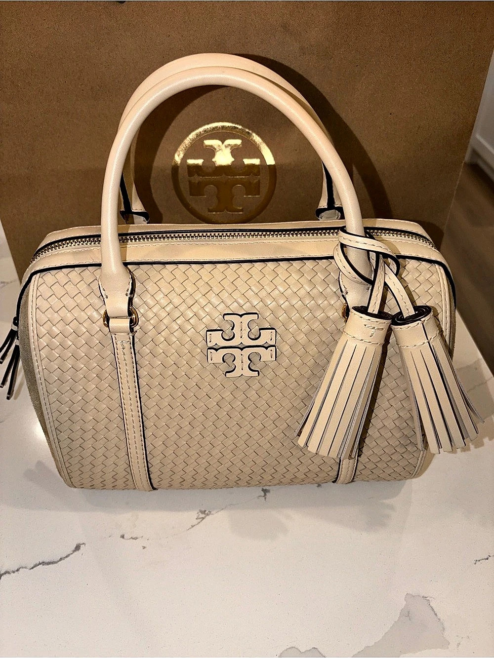 Tory Burch Leather Suede Woven Satchel / Crossbody /Shoulder Bag Cream and Beige